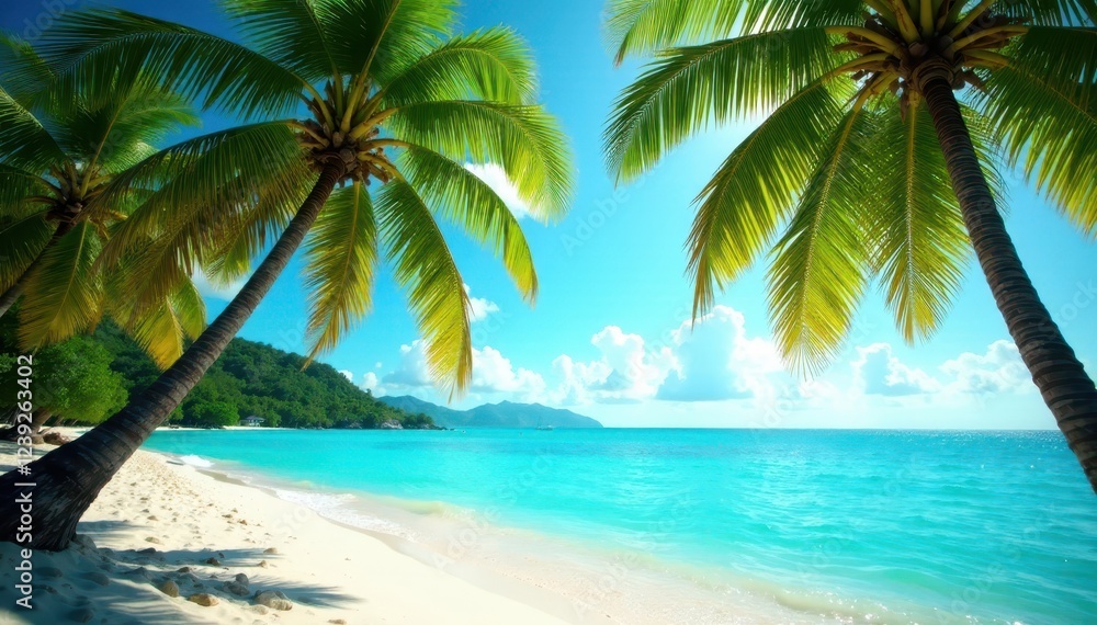 Sun-drenched coconut palms arch over turquoise Caribbean Sea , view, sky Sun-drenched coconut palms arch over turquoise Caribbean Sea , view, sky