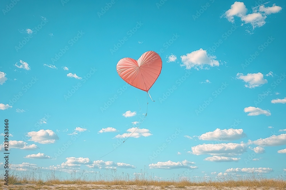Fototapeta premium Whimsical, blush-colored, heart-shaped kite, flying high in a bright, blue sky, with a few, fluffy white clouds