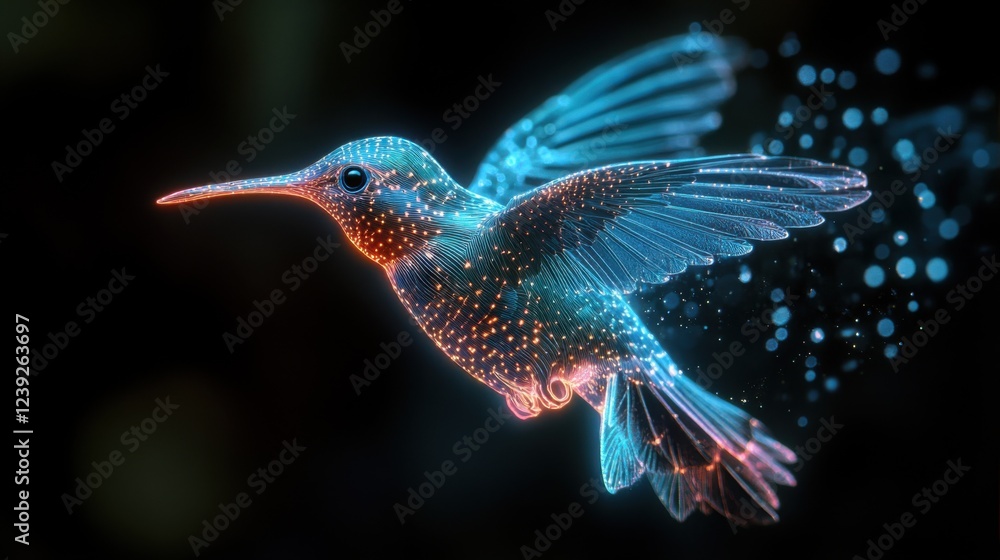 Neon-colored hummingbird in flight with glowing digital particles on dark background Neon-colored hummingbird in flight with glowing digital particles on dark background