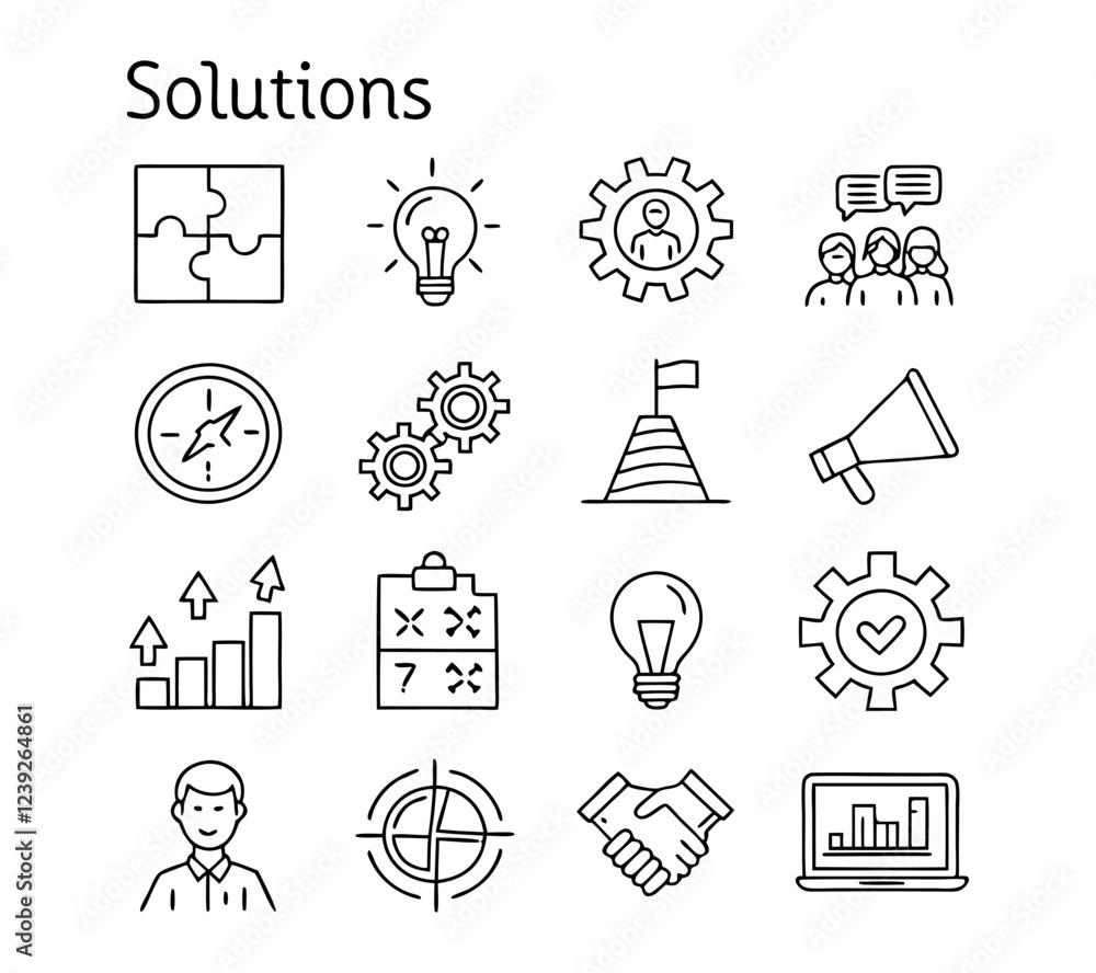 Naklejka premium Solution thin line icon vector set. Containing problem solving, light bulb, idea, strategy, creativity, innovation, meeting, teamwork, connecting, management, puzzle, creative, invention,