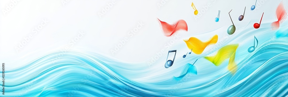 Obraz premium Aquatic Symphony: Notes in Motion - Serene waves, colorful musical notes, flowing rhythm, abstract art, and tranquil soundscape. Evokes peace and harmony.