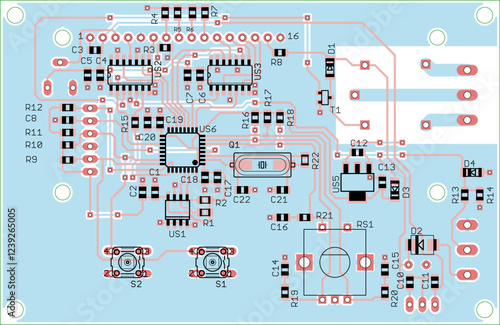 Vector printed circuit board of electronic device with components of radio elements, conductors and contact pads placed on pcb. Engineering technical educational drawing. Computer technic cad design.