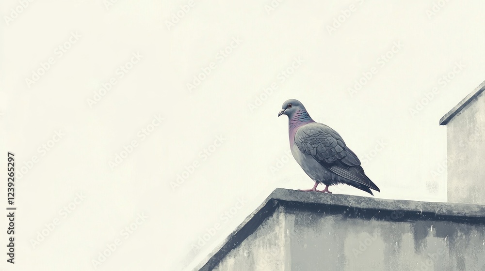 Obraz premium Lone pigeon perched on rooftop, overcast sky