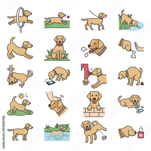 Dog activities icon set. dog walking, dog on a leash with the owner, linear icons, dog training illustrations for commercial use