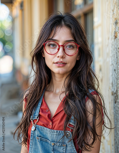 Wallpaper Mural A fashionable young woman in red-framed glasses and denim overalls posing outdoors Torontodigital.ca