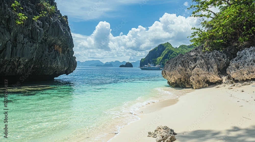 Naklejka premium Serene Tropical Beach with Clear Water and Lush Greenery