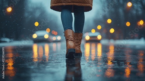 Walking on a rainy street at dusk with reflections and streetlights shining brightly