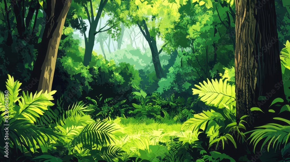 Fototapeta premium Lush Green Forest Sunlight Through Canopy
