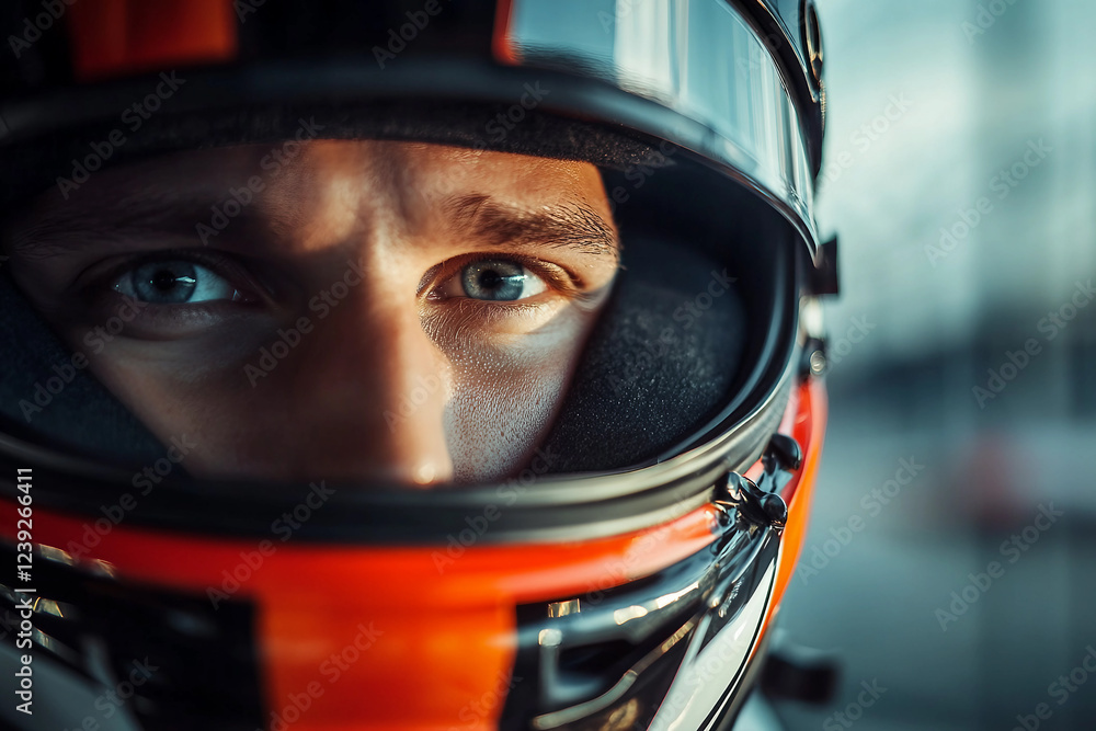 Intense portrait of a focused car racer in a helmet showcasing determination and speed, generative AI Intense portrait of a focused car racer in a helmet showcasing determination and speed, generative AI