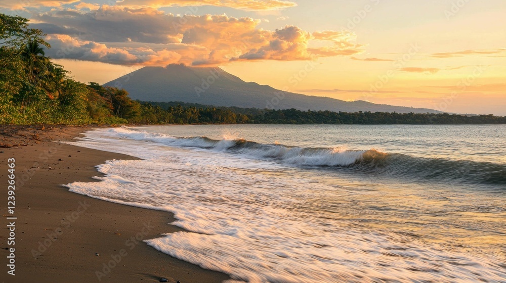 Obraz premium Serene Coastal Landscape with Mountain and Sunset View