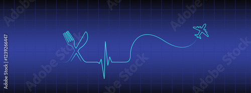 Blue medical banner, editable heart rhythm vector with fork, knife, airplane. Heartbeat line art vector design to use for healthcare, weight loss, healthy lifestyle, healthy food, dieting projects. 