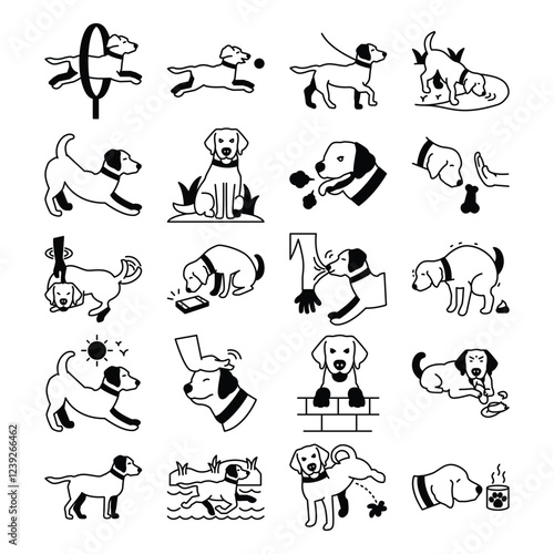 Dog activities icon set. dog walking, dog on a leash, linear icons, dog training illustrations for commercial use