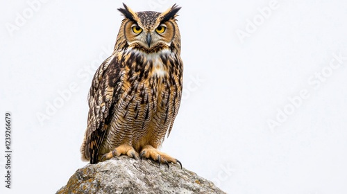 Majestic owl perched on rock, clear sky background; wildlife photography