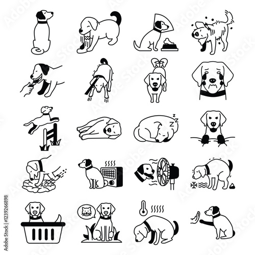 Dog activities icon set. dog walking, dog on a leash linear icons, dog training illustrations for commercial use.
