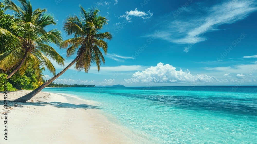 Serene Tropical Beach with Palm Trees and Crystal Clear Water Serene Tropical Beach with Palm Trees and Crystal Clear Water