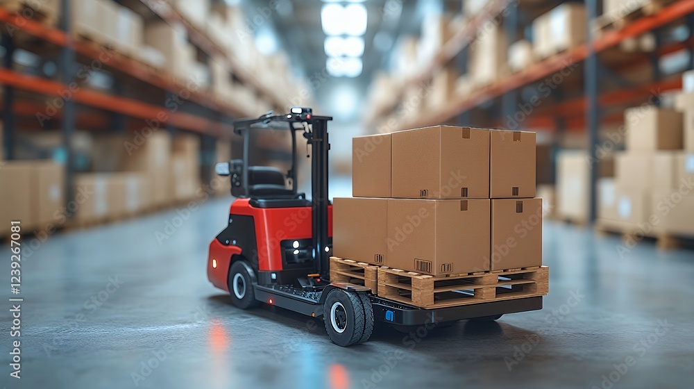 Naklejka premium Red Warehouse Forklift Carrying Cardboard Boxes: Industrial Efficiency