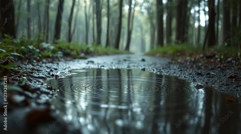 Fototapeta premium Rainy Day in the Forest: A Puddle's Reflection