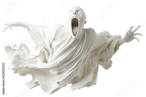 Isolated White Ghost Figure Screaming with Arms Extended