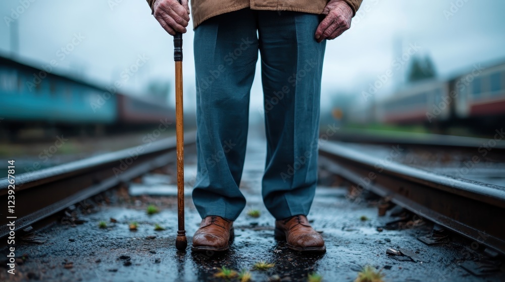 A poised elderly man with a cane stands on train tracks, representing wisdom, resilience, and the journey of life, set against a moody backdrop of trains and fog. A poised elderly man with a cane stands on train tracks, representing wisdom, resilience, and the journey of life, set against a moody backdrop of trains and fog.