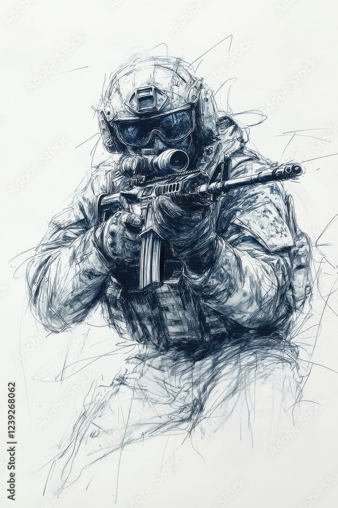 Fototapeta premium High-detail sketch of a tactical soldier aiming a loaded rifle