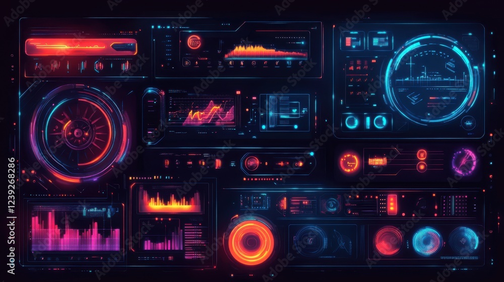 Futuristic neon data dashboard with interactive graphs and ui elements Futuristic neon data dashboard with interactive graphs and ui elements