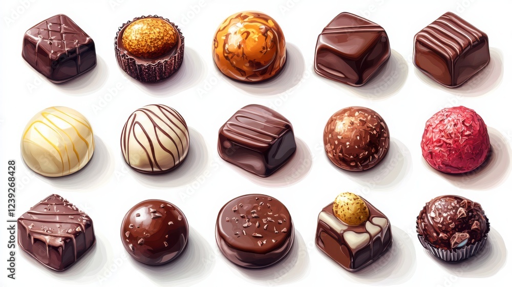Assorted gourmet chocolates arranged in rows Assorted gourmet chocolates arranged in rows