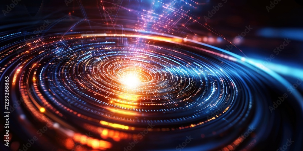 Abstract representation of a quantum computer with swirling data streams, emphasizing immense computational power, set against a neutral background Abstract representation of a quantum computer with swirling data streams, emphasizing immense computational power, set against a neutral background