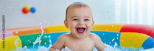 Happy Baby Summer Splash Fun - Joyful baby splashing in colorful inflatable pool, symbolizes summer fun, childhood glee, water play, carefree moments, and healthy development. photo