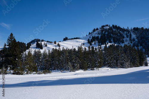 winter landscape in the mountains with blue sky photo