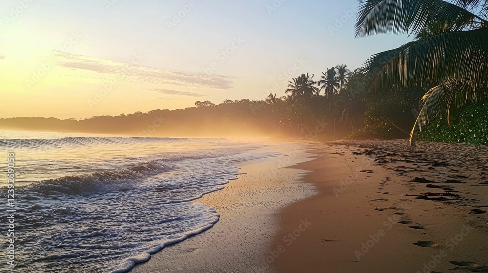 Serene Beach Sunrise with Gentle Waves and Lush Tropical Vegetation Serene Beach Sunrise with Gentle Waves and Lush Tropical Vegetation