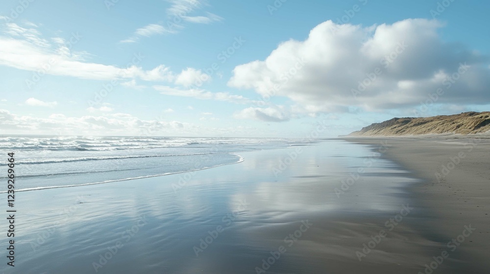 Fototapeta premium Serene Coastal Landscape with Gentle Waves and Bright Sky