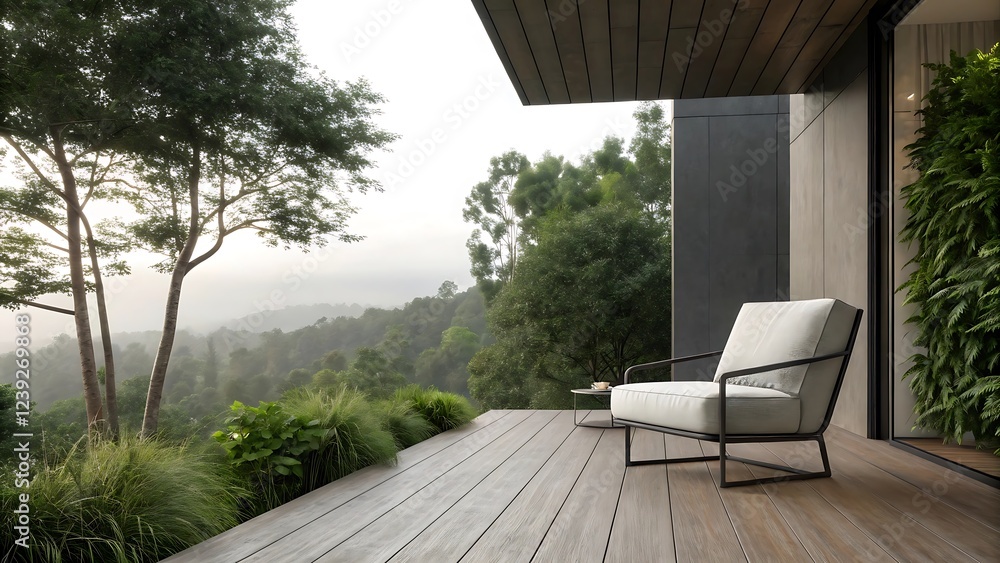 Sleek modern chair on wooden deck surrounded by lush greenery for stylish outdoor interior design composition Sleek modern chair on wooden deck surrounded by lush greenery for stylish outdoor interior design composition