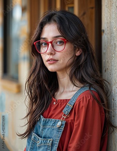 Wallpaper Mural A fashionable young woman in red-framed glasses and denim overalls posing outdoors Torontodigital.ca