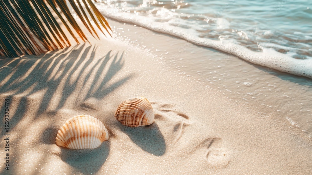 Serene Beach Scene with Seashells and Soft Waves at Sunrise Serene Beach Scene with Seashells and Soft Waves at Sunrise