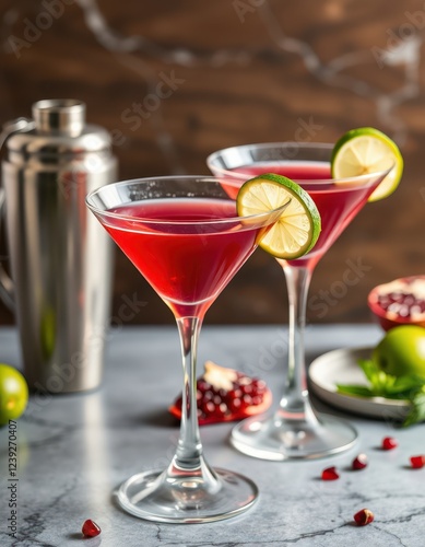 Wallpaper Mural Two red cocktails garnished with lime sit on a grey countertop next to a shaker Torontodigital.ca