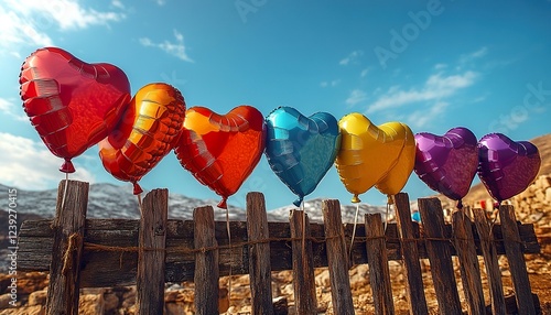 Vibrant, colorful array of heart-shaped balloons, tied to a rustic wooden fence, against a bright blue sky