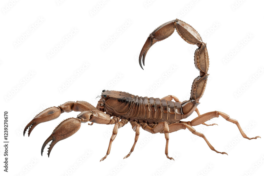 Scorpion with curved tail and pinching claws on its sturdy body with lined exoskeleton Scorpion with curved tail and pinching claws on its sturdy body with lined exoskeleton