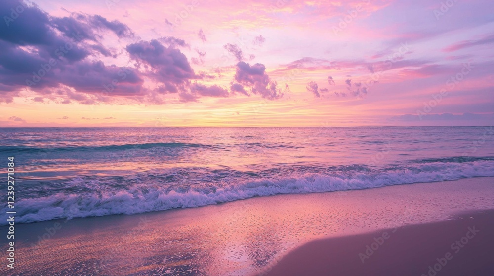 Obraz premium Serene Sunset Over Calm Ocean Waves and Soft Sandy Beach Shoreline