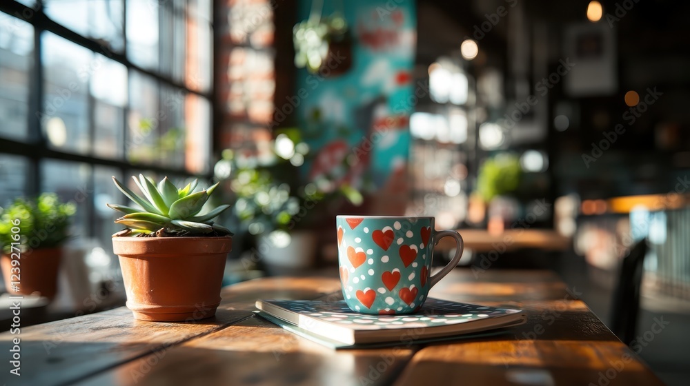 A beautifully styled coffee mug resting on a wooden table next to a green plant, capturing the essence of comfort and warmth ideal for a tranquil moment in a cozy café setting. A beautifully styled coffee mug resting on a wooden table next to a green plant, capturing the essence of comfort and warmth ideal for a tranquil moment in a cozy café setting.