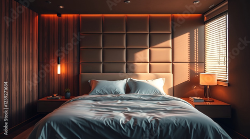 Vividly lit interiors showcase dramatic bed designs with intense colors and high contrast.