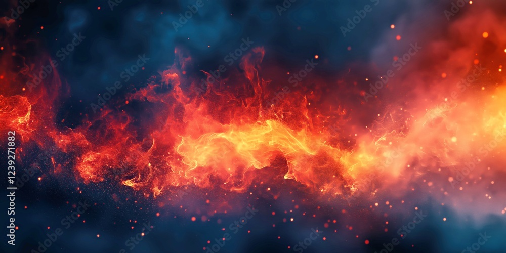 Fototapeta premium iery explosion of glowing flames with floating embers in a dark smoky atmosphere