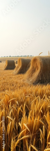 Hay bales lie in a field of wheat, a peaceful scene after the harvest photo