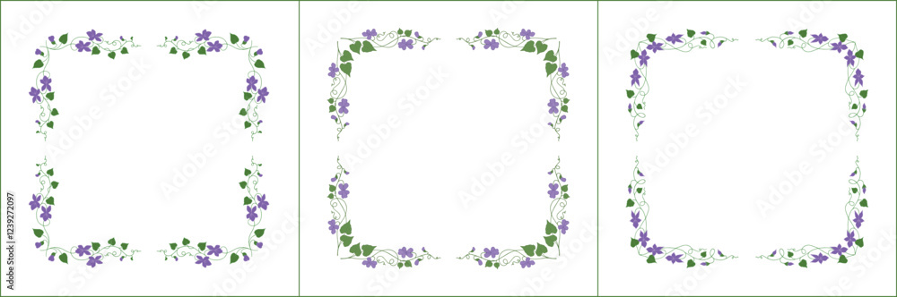 Set of three elegant green vegetal ornamental frame with purple flowers, violets, decorative border. Isolated vector illustration Set of three elegant green vegetal ornamental frame with purple flowers, violets, decorative border. Isolated vector illustration