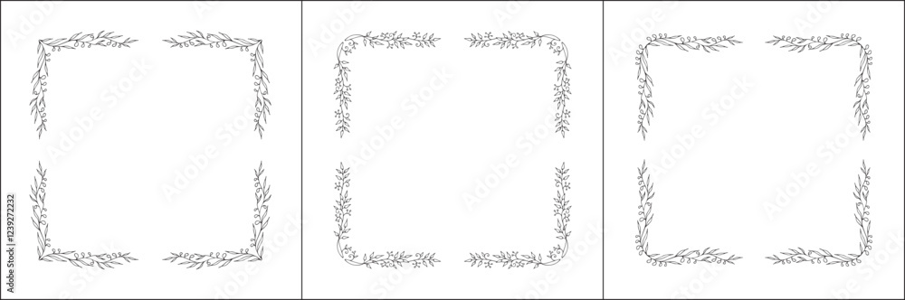 Set of three vector decorative frames, vegetal ornamental frame with flowers, decorative border, corners, black and white. Isolated vector illustration. Set of three vector decorative frames, vegetal ornamental frame with flowers, decorative border, corners, black and white. Isolated vector illustration.