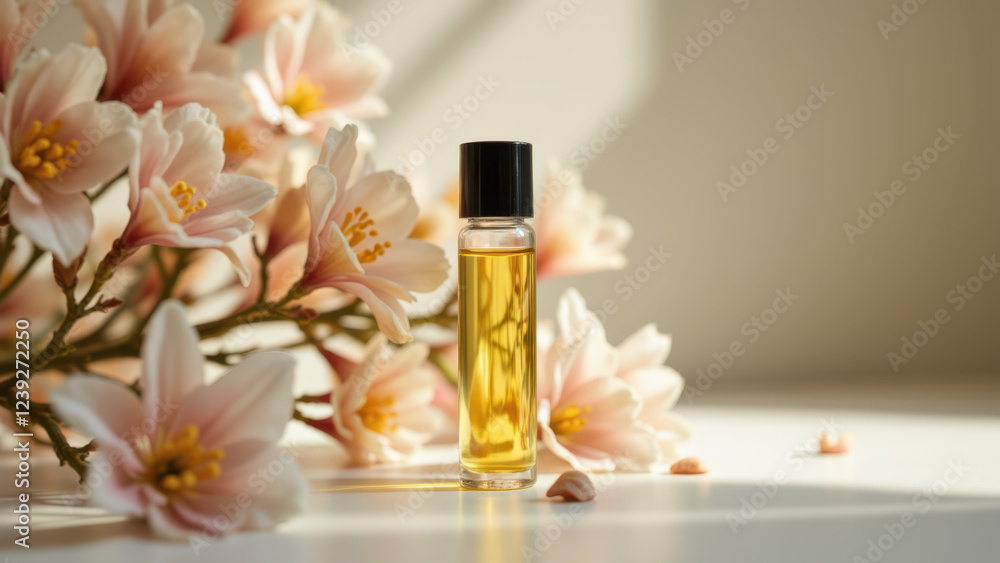 Small bottle of golden liquid resting on a bed of pink petals, possibly rose or cherry blossom flowers, evoking a sense of luxury and natural beauty. Small bottle of golden liquid resting on a bed of pink petals, possibly rose or cherry blossom flowers, evoking a sense of luxury and natural beauty.