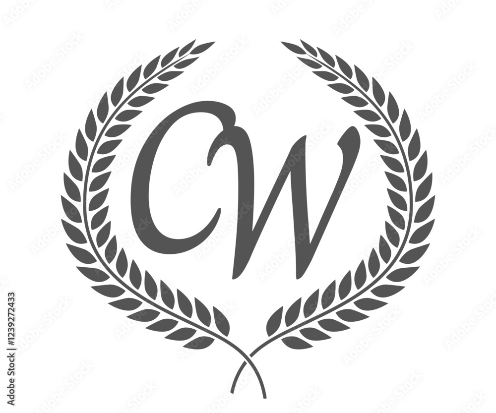 Initial letter C and W, CW monogram logo design with laurel wreath. Luxury calligraphy font. Initial letter C and W, CW monogram logo design with laurel wreath. Luxury calligraphy font.