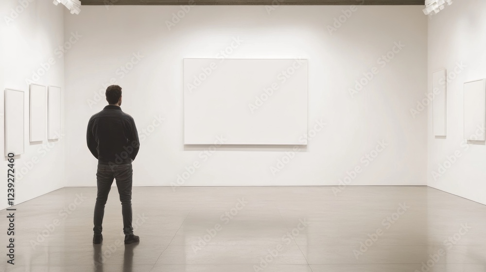Man viewing blank canvases in modern art gallery Man viewing blank canvases in modern art gallery