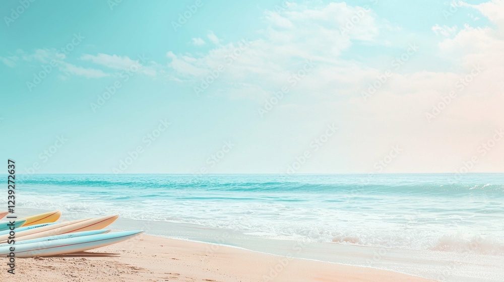Surfboards on Sandy Beach Under Clear Blue Sky and Calm Waves Surfboards on Sandy Beach Under Clear Blue Sky and Calm Waves