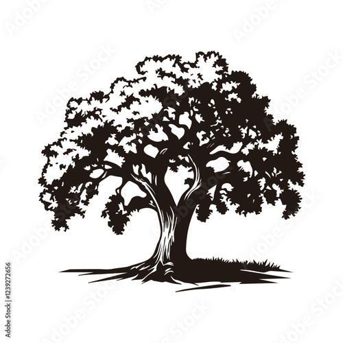 A minimalist and elegant oak tree logo, symbolizing strength, stability, and longevity. This vector illustration features a detailed oak tree with spreading branches and deep roots, making it perfect 
