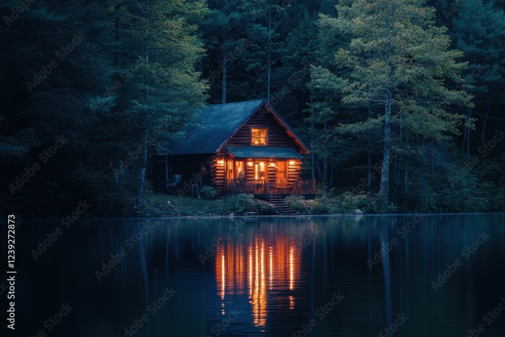 Obraz premium Cabin by the lake illuminated at night among trees and mountains